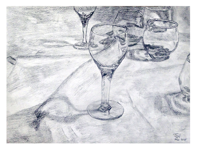 Shot Glass Still Life, Pencil Drawing, 9in x 12in, March 2015