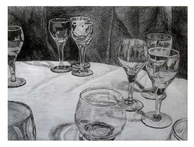 Shot Glass Still Life, Pencil Drawing on Paper, 9in x 12in, November 2013